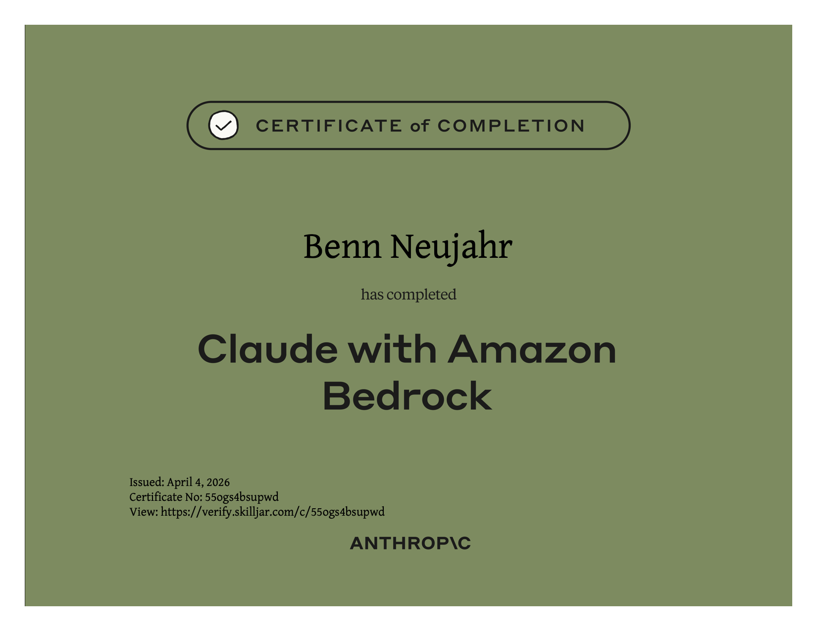 Zertifikat: Claude with Amazon Bedrock – Anthropic